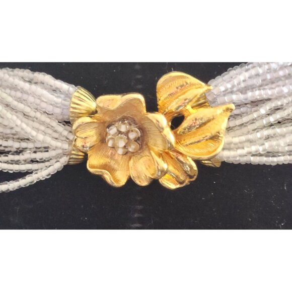 Vintage Multi-Strand White Glass Bead Necklace With Gold-Tone Floral Clasp - Picture 3 of 3